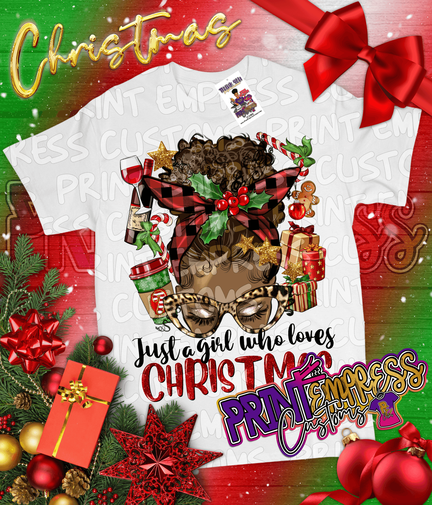Christmas: Curly Bun Christmas Girl (Brown) Tee - PRINT EMPRESS CUSTOMS LLC